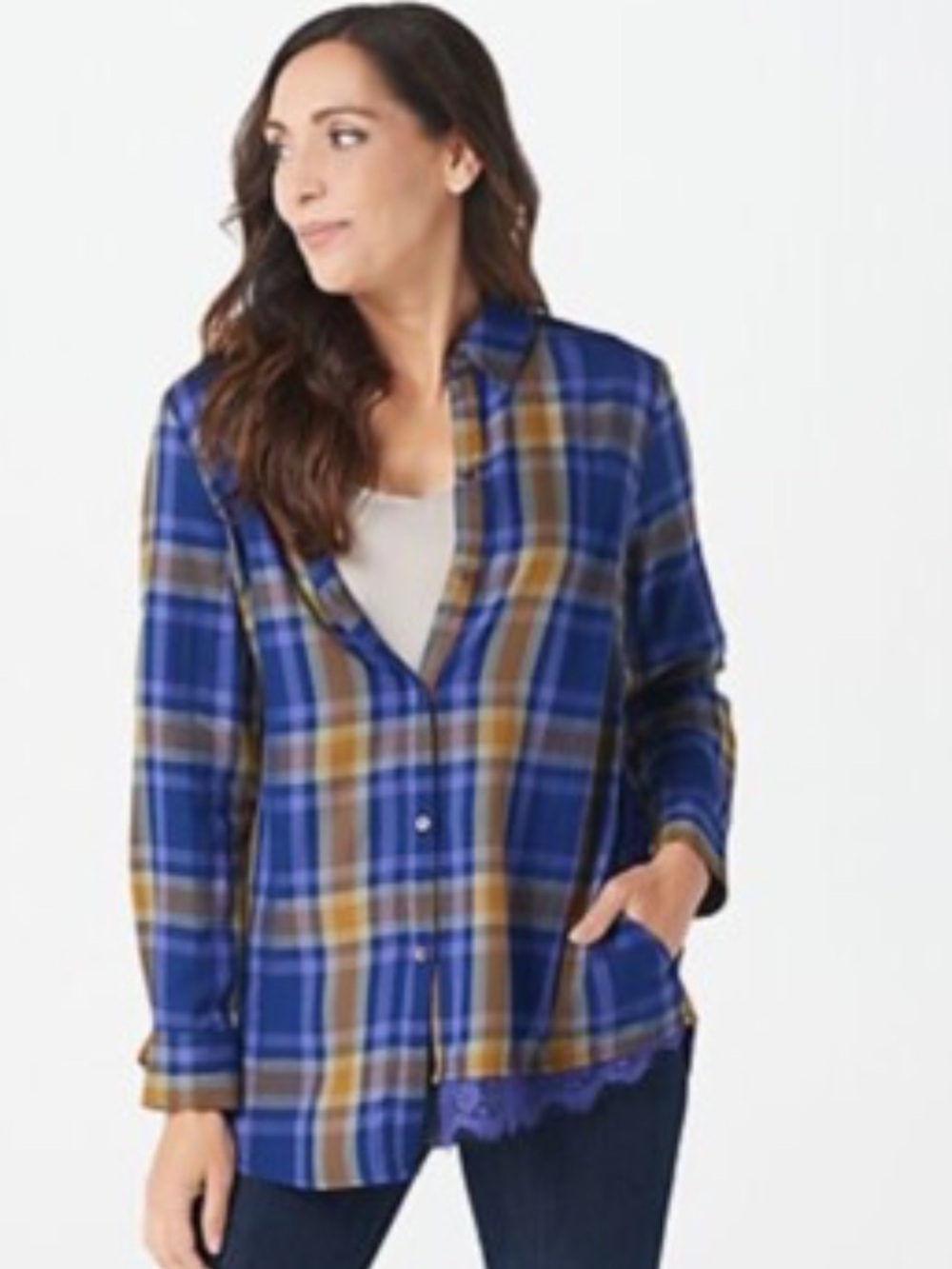 Women’s LOGO Lori Goldstein Blue Purpke & Yellow Plaid Button-Up Shirt Sz:3X GUC - Picture 12 of 13